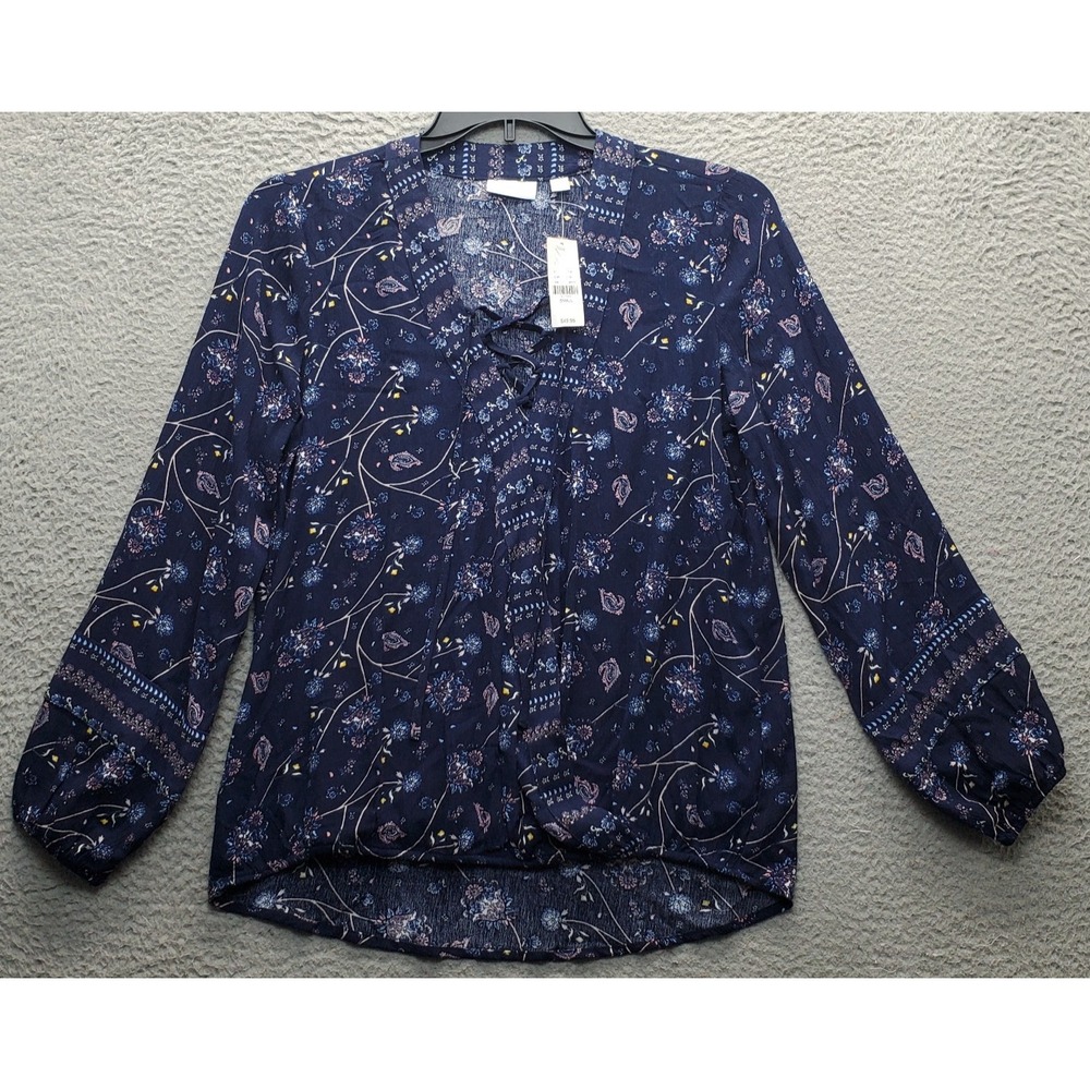 New York & Company Blouse Womens S Multi Cherita Floral Balloon Sleeve Lace-Up